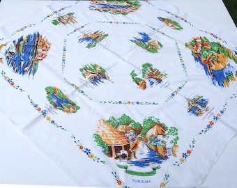 Quirky and charming vintage Devon souvenir tablecloth with landmarks and attractions, circa 1960's. Now reduced!