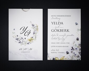 Classic & Elegant Custom Wedding Invitation with Minimalist Design. Modern Wedding Invitation with Flower Details.