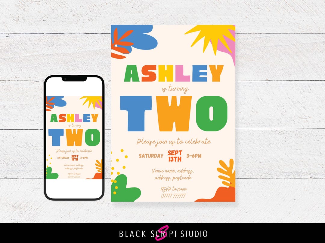 Editable Birthday Colorful Shapes Two Invite Template - Children's ...