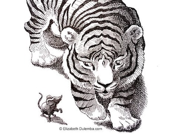 Tiger and Mouse Original Pen & Ink Drawing