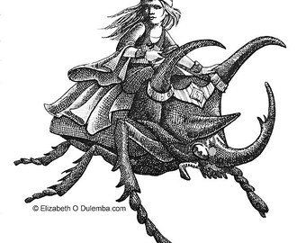 Stag Beetle Princess Original Pen & Ink Drawing