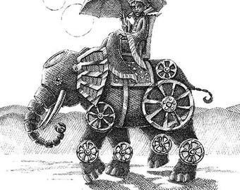 Mechanical Elephant Original Pen & Ink Drawing