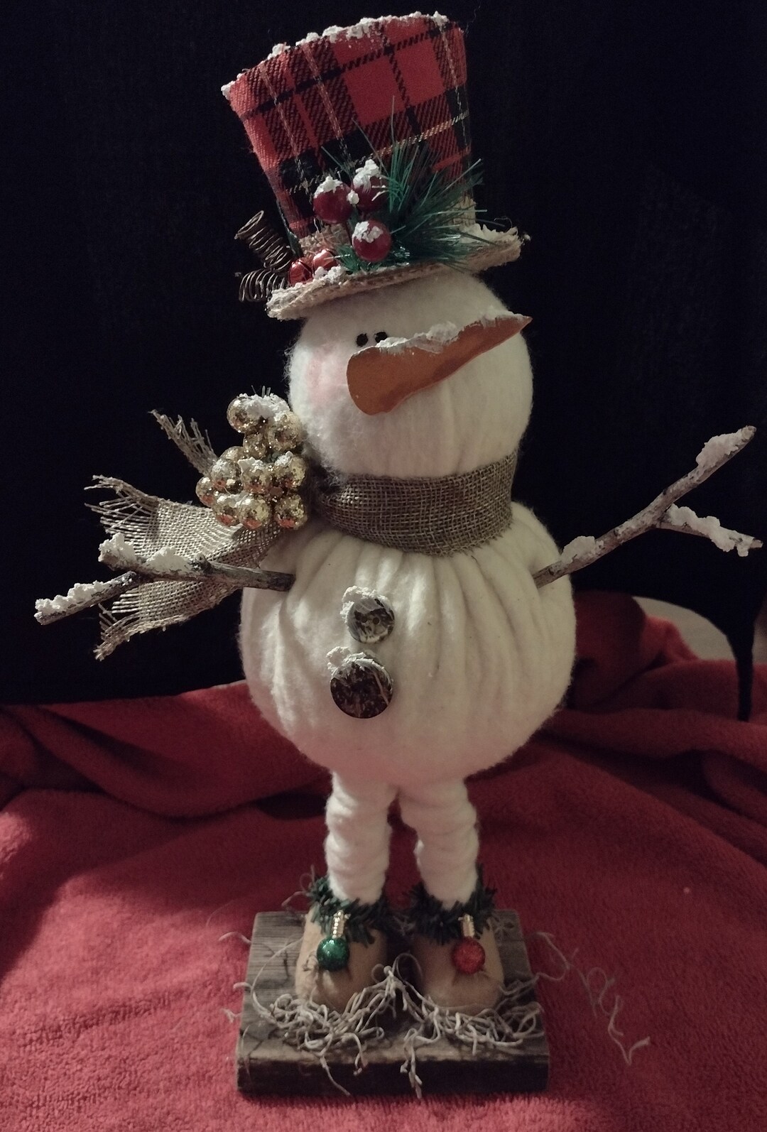 Cotton Batting Snowman With Twig Arms, Top Hat, Brown Shoes and Scarf Etsy