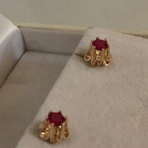 May include: A pair of gold earrings with red gemstone accents. The earrings have a detailed design and are displayed in a white box.