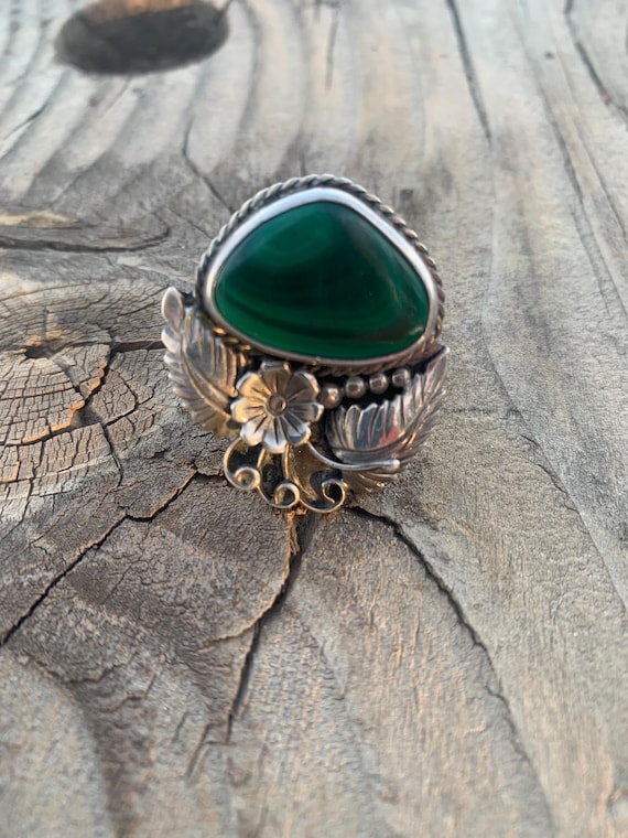 Native signed malachite sterling ring - image 1