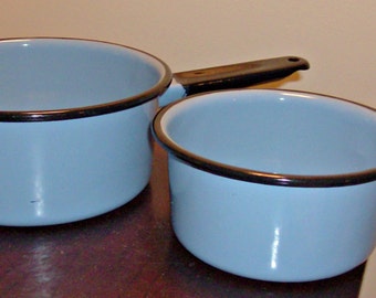 2 Vintage Enamelware French Blue w/Black Handles Pots
