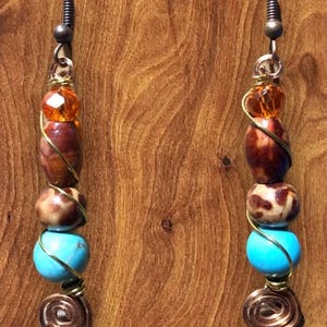Handmade Copper Wire Wrapped Turquoise Color Bead  Earrings