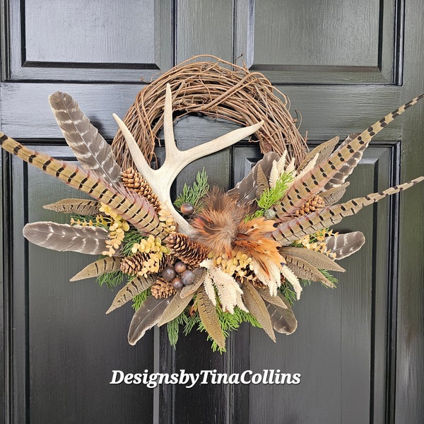 Antler Wreath-Deer Antler Floral-Deer Antler Wreath-Woodland Wreath-Wreath with Antlers-Cabin Wreath-Lodge Wreath-Pheasant Feather Wreath