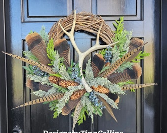 Antler Wreath-Deer Antler Floral-Forest Wreath-Woodland Wreath-Wreath with Antlers-Summer Cabin Wreath-Lodge Wreath-Pheasant Feather Wreath