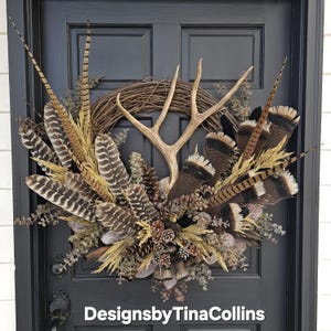 Antler Wreath-Large Deer Antler Floral-Pheasant Wreath-Woodland Wreath-Wreath with Antlers-Cabin Wreath-Lodge Wreath-Turkey Feather Wreath