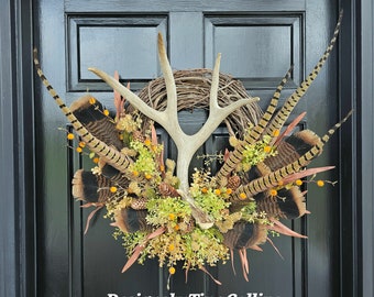 Antler Wreath-Deer Antler Floral-Forest Wreath-Woodland Wreath-Wreath with Antlers-Summer Cabin Wreath-Lodge Wreath-Pheasant Feather Wreath