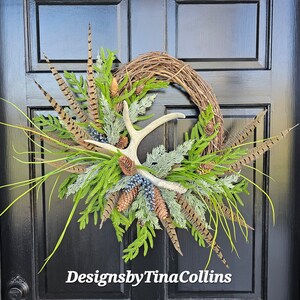 Antler Wreath-Deer Antler Floral-Forest Wreath-Woodland Wreath-Wreath with Antlers-Summer Cabin Wreath-Lodge Wreath-Pheasant Feather Wreath