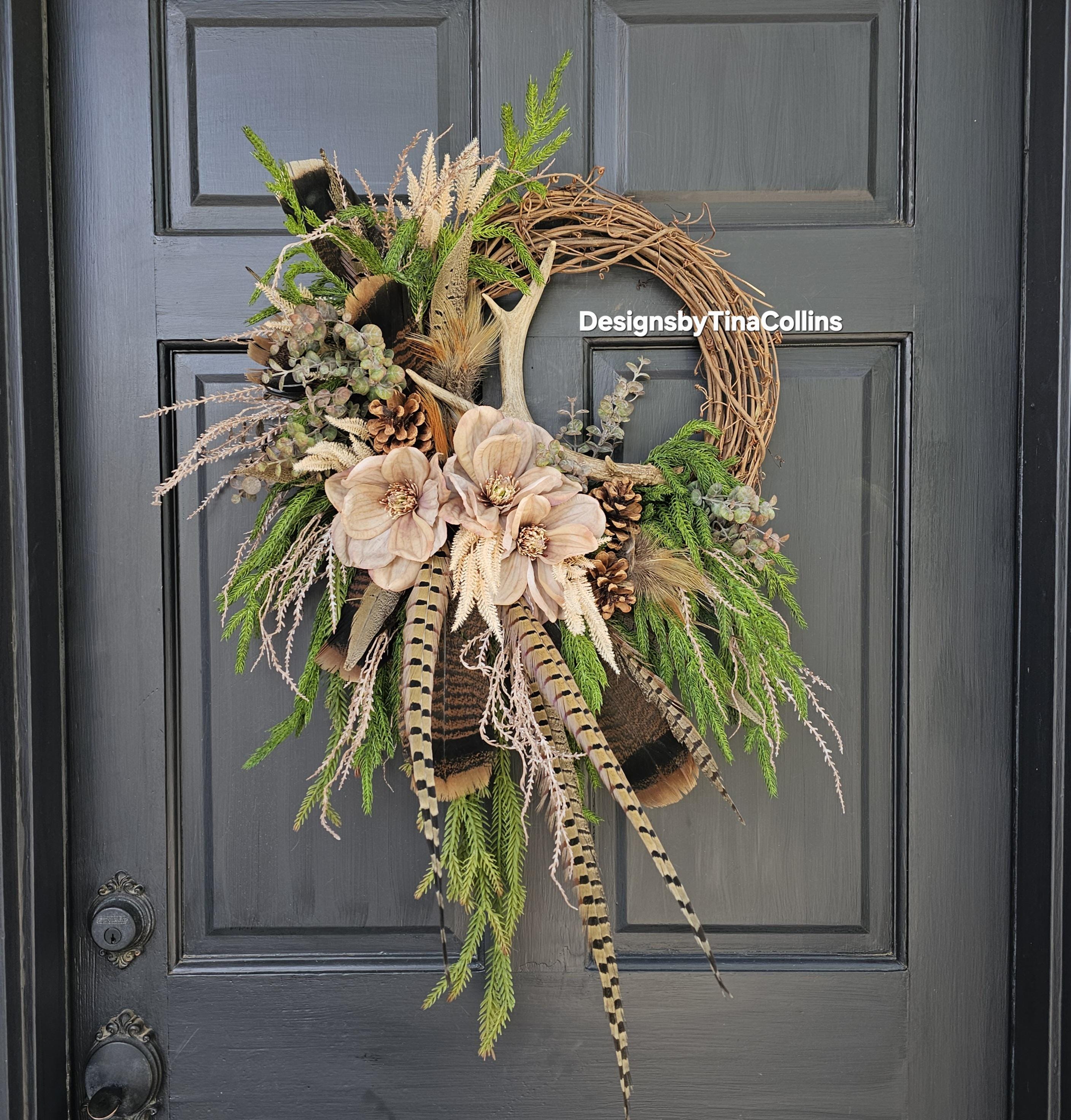 Antler Wreath-Deer Antler Floral-Deer Antler Wreath-Woodland Wreath-Wreath with Antlers-Cabin Wreath-Lodge Wreath-Turkey Feather Wreath