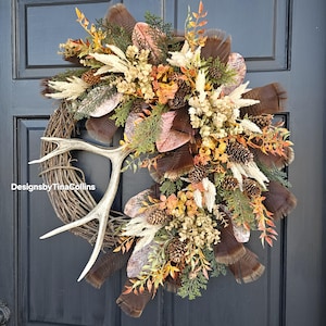Antler Wreath-Large Deer Antler Floral-Pheasant Wreath-Woodland Wreath-Fall Antler Wreath-Cabin Wreath-Lodge Wreath-Turkey Feather Wreath