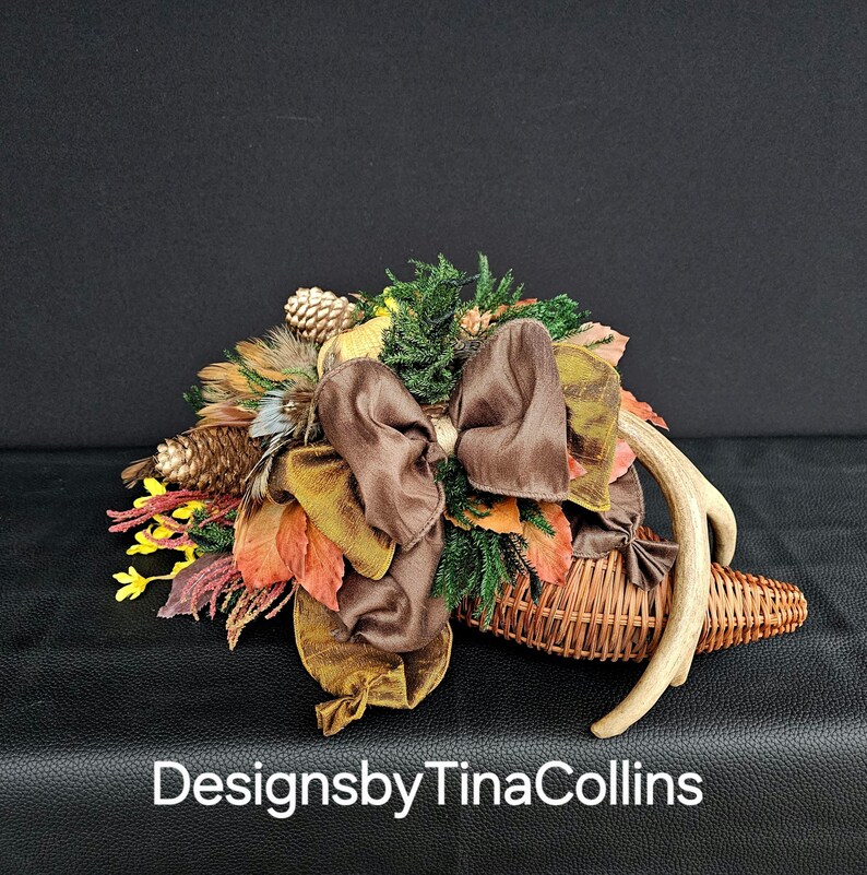 Cornucopia-rustic Cornucopia Arrangement: Antler and Dried Floral ...