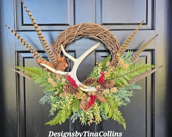 Antler Wreath-Deer Antler Floral-Forest Wreath-Woodland Wreath-Wreath with Antlers-Summer Cabin Wreath-Lodge Wreath-Pheasant Feather Wreath