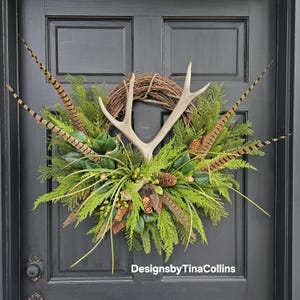 Antler Wreath-Deer Antler Floral-Forest Wreath-Woodland Wreath-Wreath with Antlers-Summer Cabin Wreath-Lodge Wreath-Pheasant Feather Wreath