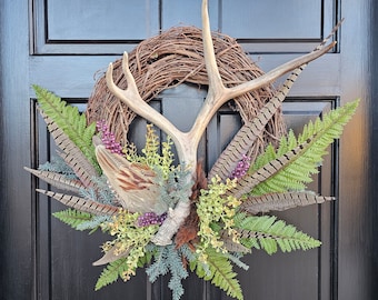 Antler Wreath-Deer Antler Floral-Deer Antler Wreath-Woodland Wreath-Wreath with Antlers-Cabin Wreath-Lodge Wreath-Pheasant Feather Wreath