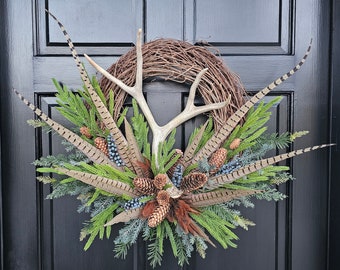 Antler Wreath-Deer Antler Floral-Deer Antler Wreath-Woodland Wreath-Wreath with Antlers-Cabin Wreath-Lodge Wreath-Pheasant Feather Wreath