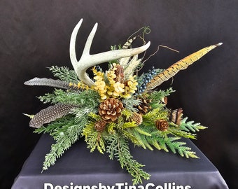 Antler Arrangement-Antler Floral-Antler Centerpiece-Cabin Arrangement-Cabin Floral-Forest Floral-Hunters Floral-Woodland Centerpiece