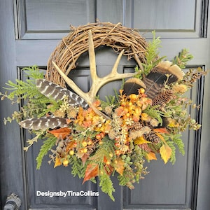 Antler Wreath-Deer Antler Floral-Deer Antler Wreath-Woodland Wreath-Wreath with Antlers-Fall Cabin Wreath-Lodge Wreath-Thanksgiving Wreath