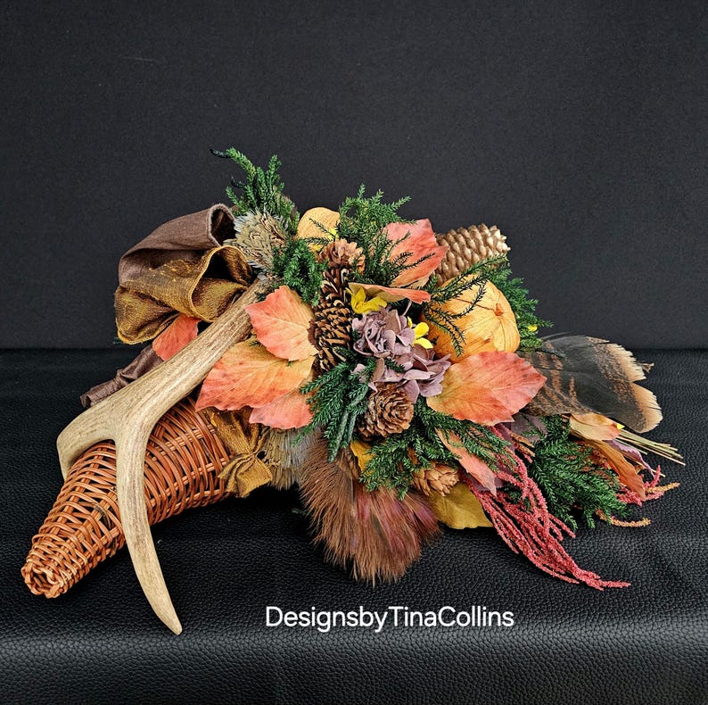 Cornucopia-rustic Cornucopia Arrangement: Antler and Dried Floral ...