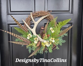 Antler Wreath-Deer Antler Floral-Forest Wreath-Woodland Wreath-Wreath with Antlers-Summer Cabin Wreath-Lodge Wreath-Pheasant Feather Wreath-