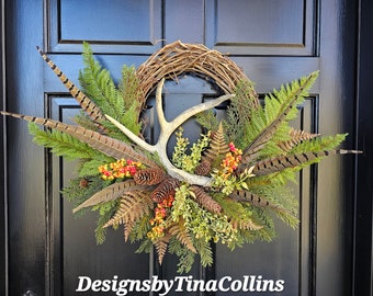 Antler Wreath-Deer Antler Floral-Forest Wreath-Woodland Wreath-Wreath with Antlers-Summer Cabin Wreath-Lodge Wreath-Pheasant Feather Wreath