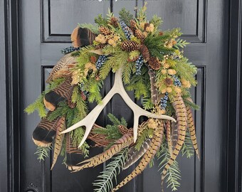 Antler Wreath-Deer Antler Floral-Deer Antler Wreath-Woodland Wreath-Wreath with Antlers-Cabin Wreath-Lodge Wreath-Turkey Feather Wreath