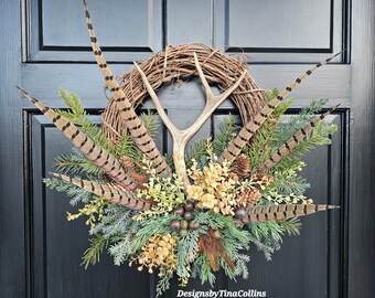 Antler Wreath-Deer Antler Floral-Deer Antler Wreath-Woodland Wreath-Wreath with Antlers-Cabin Wreath-Lodge Wreath-Pheasant Feather Wreath