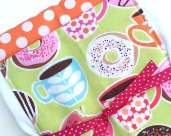 Babies Burp Cloth Set- Burp Rags-Cute Doughnuts Coffee Pink Orange Polka Dots, Baby Shower Gift, For Feeding Nursing Cloths