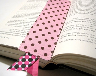 Fabric Reversible Bookmark- Pink Brown Polka Dots- Teacher Gift- Bridesmaid Gift, party favor, bible study, book club gift, Student, Reading