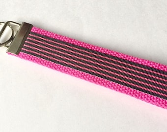 Key Chain, Cute Keychain Key Fob Wristlet Lanyard- Preppy Black Pink Stripes Bachelorette Bridesmaid Gift Teacher Gift Ribbon Keychain