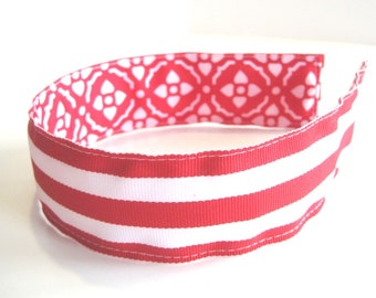 Preppy REVERSIBLE Ribbon Headband- Red White Damask Stripes Grosgrain Ribbon, Striped Headband, Girl or Adult Headband, Party Favor