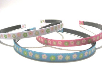 Preppy Narrow Headbands Hairband, Thin Grosgrain Ribbon Covered, Girls Headband, Adult Headband Cute Pink Blue Flowers Party Favors