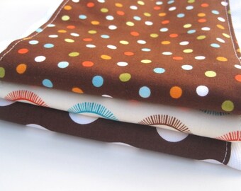 Babies Burp Cloth Set- Burp Rags-Cute Brown Orange Blue Polka Dots, Baby Shower Gift, For Feeding Nursing Cloths, matching bib