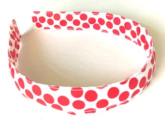 Preppy Headband Girl Headband Hairband Cute Red White Polka Dots Grosgrain Ribbon, Birthday gift, washable