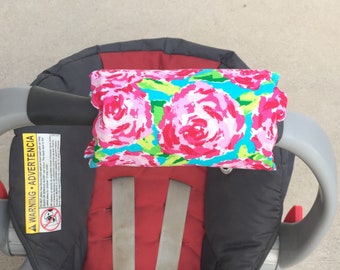 Car Seat ARM PAD Handle Wrap, Arm Cushion, Reversible - Preppy Pink Green Roses Flowers, Infant Carrier, Cute Baby Gift, Arm Pad Cushion