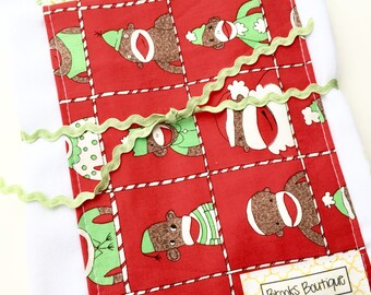 Babies Burp Cloth Set- Burp Rags-Cute Red Green Christmas Sock Monkey Baby Shower Gift, For Feeding Nursing Cloths Cute Baby Gift