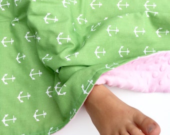 Baby Girl Blanket Minky Blanket Security Blanket Lovie Toddler Blanket Carseat Blanket Cute Baby Gift, Green Anchors Pink Minky Nautical