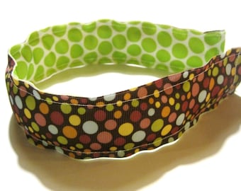 Preppy REVERSIBLE Headband Girl Headband Hairband Cute Brown Green Polka Dots Grosgrain Ribbon, Birthday gift, party favor, Washable