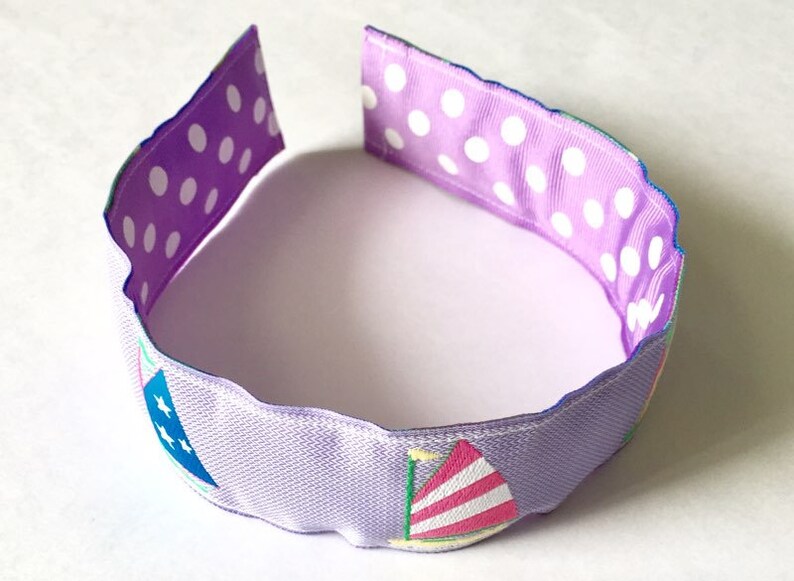 Preppy REVERSIBLE Girl Headband Hairband Purple Polka Dots Sailboats Nautical Grosgrain Ribbon Birthday gift Party favor Stocking Stuffer image 2