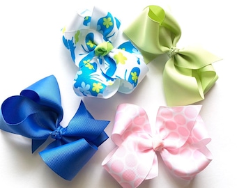4 Boutique Style Hairbows 4" Hairbow Preppy Turquoise Royal Blue Pink Polka Dots Light Green Hair Accessories Birthday Gift Party Favors
