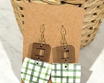 Green Earrings / Handmade Earrings / Cork Earrings / Lightweight Earrings / Leather Earrings / Wood Earrings / Leather Cork Earrings /