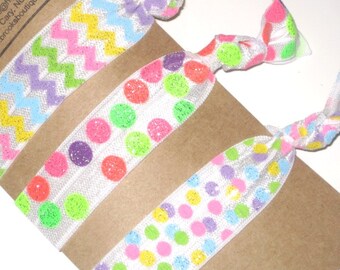 Elastic Hair Ties Bracelets Ponytail Holder- Sparkly Pink Purple Green Chevron- Polka Dot Hair Ties, Party Favors, Glittery, Bridesmaid Gift