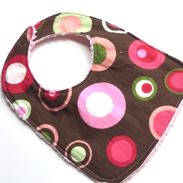 Reversible Baby Bib, Toddler Bib- Cute Pink Green Circles, Baby Shower Gift, Baby Gift, Feeding, Nursing, Baby Girl, Chenille