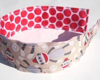 Preppy REVERSIBLE Headband Girl Headband Hairband Cute Sock Monkey Red Polka Dots Grosgrain Ribbon, Birthday gift, party favor, Washable,