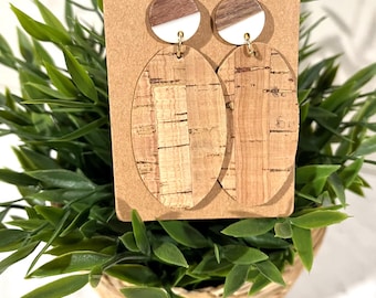 Tan Earrings / Handmade Earrings / Cork Earrings / Lightweight Earrings / Leather Earrings / Wood Earrings / Leather Cork Earrings / Khaki