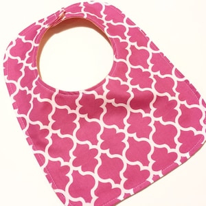 Reversible Infant Baby Bib, Toddler Bib- Cute Hot Pink Quatrefoil Pattern Baby Shower Gift Baby Gift Feeding Nursing Baby Girl Gift