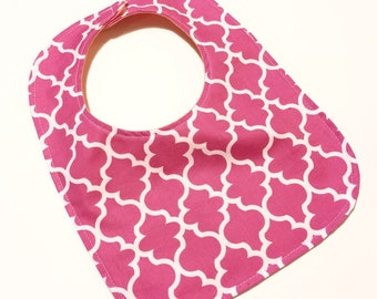 Reversible Infant Baby Bib, Toddler Bib- Cute Hot Pink Quatrefoil Pattern Baby Shower Gift Baby Gift Feeding Nursing Baby Girl Gift